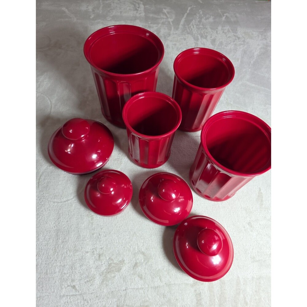 VTG Melamine Ribbed Canister Set w Air Tights Lid Fire Engine Red Heavy Duty